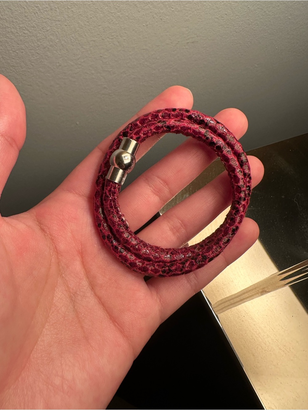 Women’s Double-Wrap Burgundy Leather Bracelet with Silver Clasp
